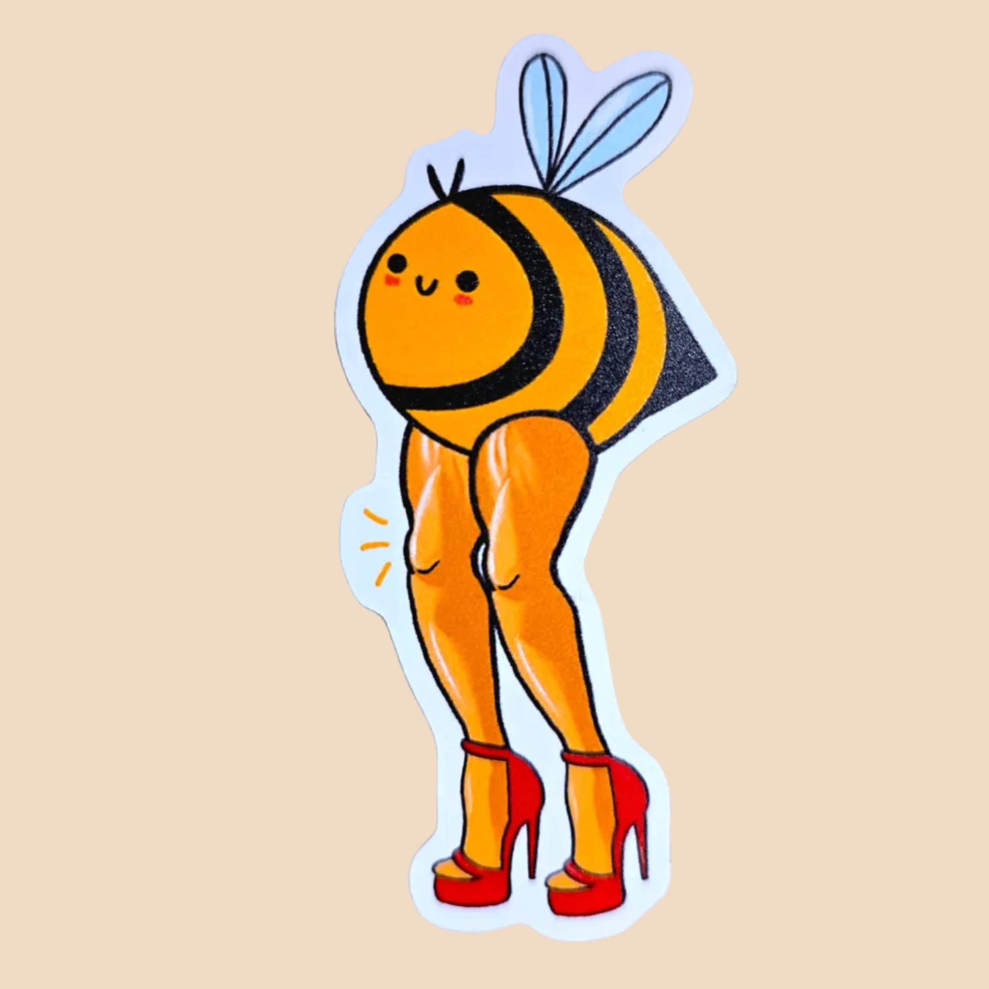 Sticker of a bee character with legs wearing high heels on a cream background