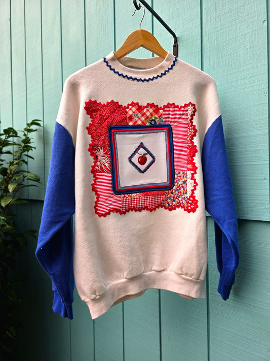 The Perri Crewneck - Vintage crewneck upcycled with vintage patch, quilted frame, and decorative details