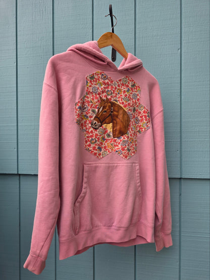 The Horse Camp Sweatshirt - Upcycled Pink Sweatshirt with 1930s Quilt Patch & Vintage Horse Patch