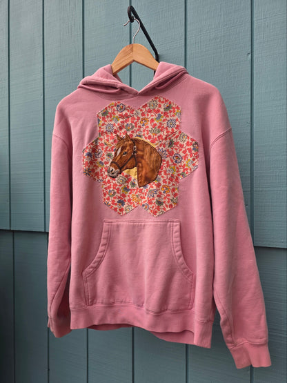 The Horse Camp Sweatshirt - Upcycled Pink Sweatshirt with 1930s Quilt Patch & Vintage Horse Patch