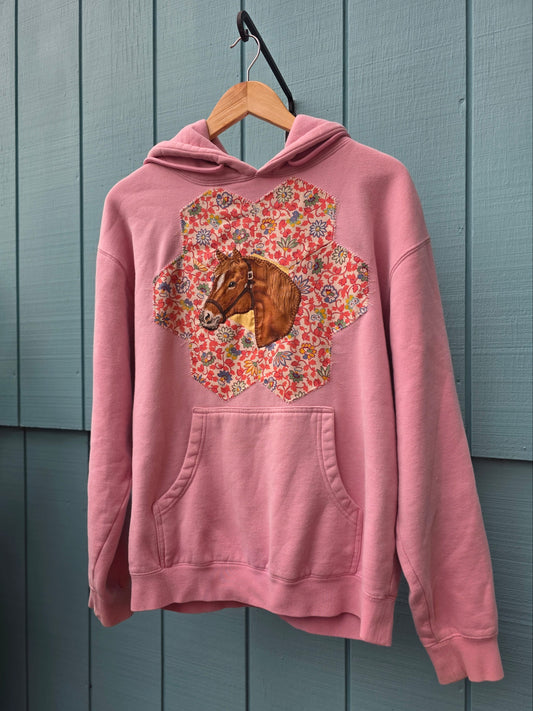 The Horse Camp Sweatshirt - Upcycled Pink Sweatshirt with 1930s Quilt Patch & Vintage Horse Patch