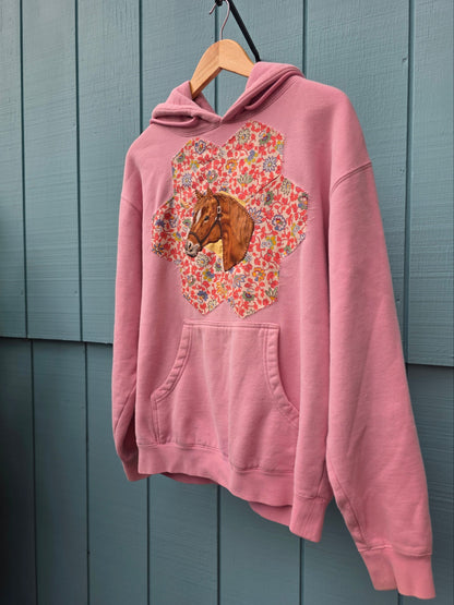 The Horse Camp Sweatshirt - Upcycled Pink Sweatshirt with 1930s Quilt Patch & Vintage Horse Patch