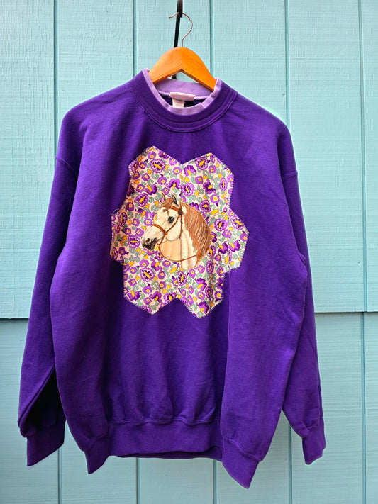 The Horse Camp Crewneck - Upcycled Vintage Crewneck with 1930s Quilt Patch & Vintage Horse Patch