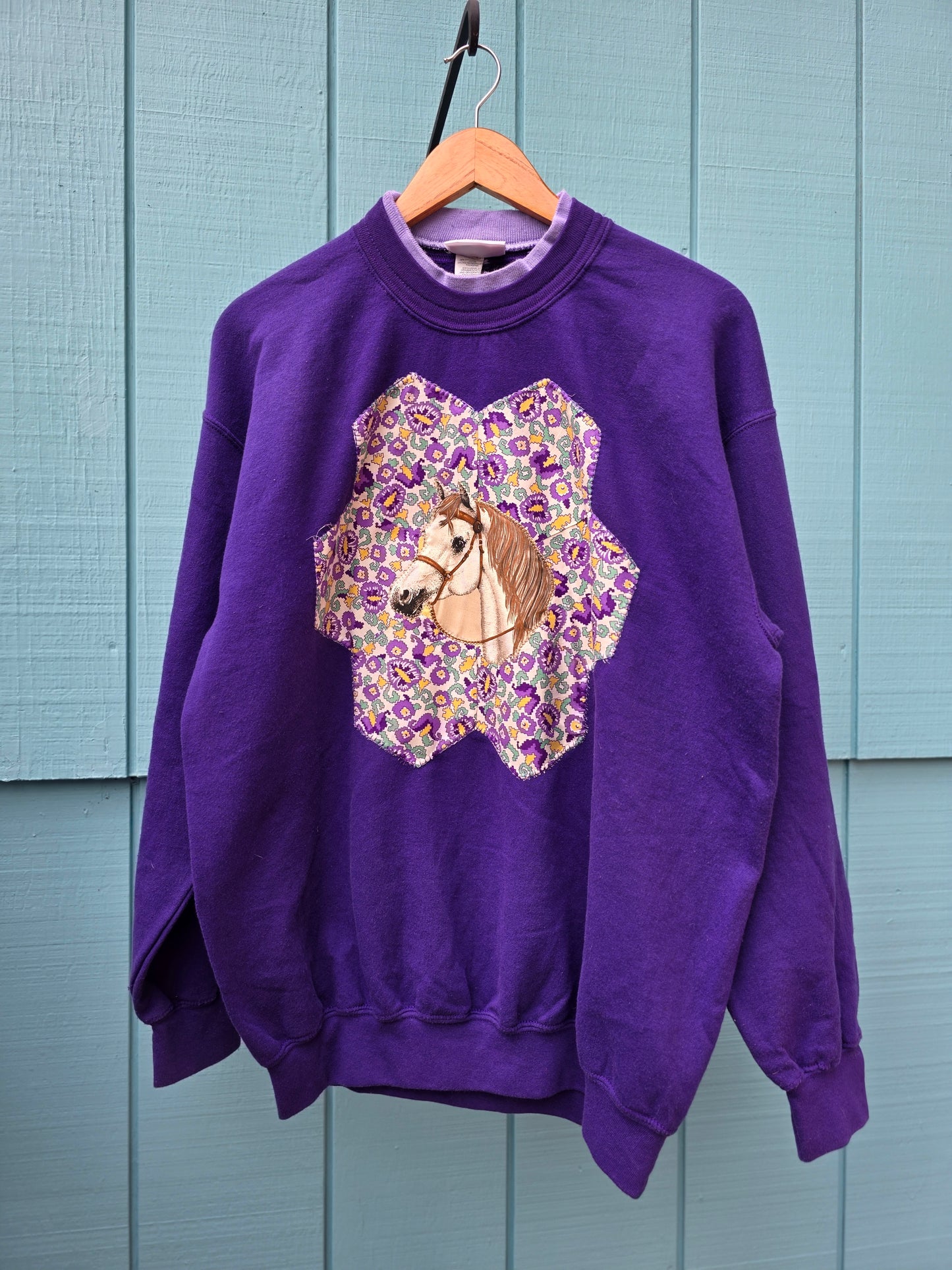 The Horse Camp Crewneck - Upcycled Vintage Crewneck with 1930s Quilt Patch & Vintage Horse Patch