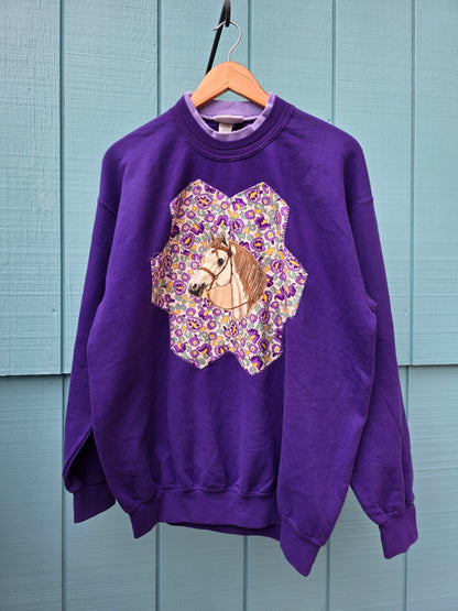The Horse Camp Crewneck - Upcycled Vintage Crewneck with 1930s Quilt Patch & Vintage Horse Patch