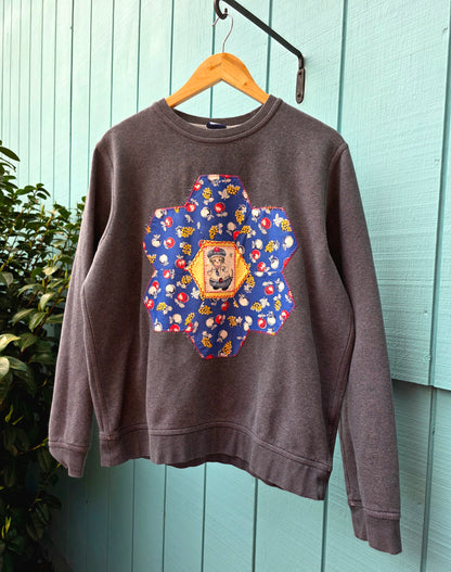 The Sodo Crewneck - Upcycled Gray Crewneck with 1930s Quilt Patch & Vintage Cat Patch