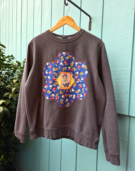 The Sodo Crewneck - Upcycled Gray Crewneck with 1930s Quilt Patch & Vintage Cat Patch