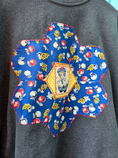The Sodo Crewneck - Upcycled Gray Crewneck with 1930s Quilt Patch & Vintage Cat Patch
