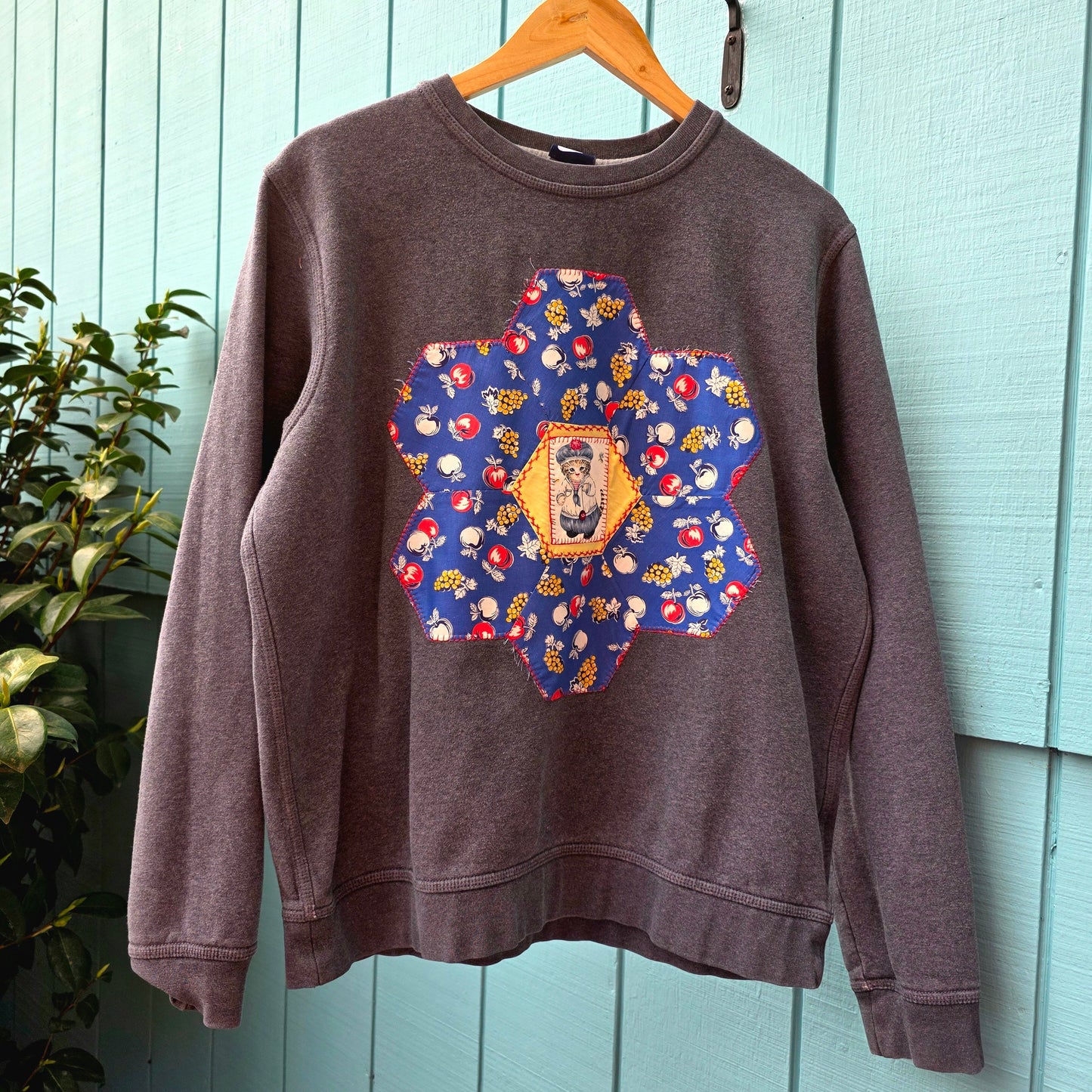 The Sodo Crewneck - Upcycled Gray Crewneck with 1930s Quilt Patch & Vintage Cat Patch