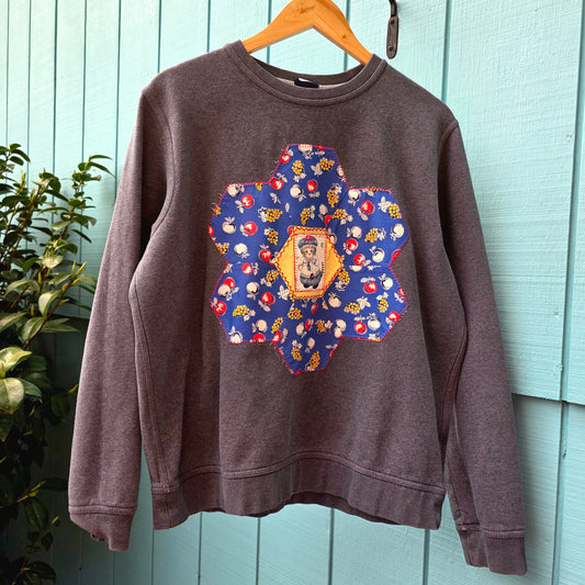The Sodo Crewneck - Upcycled Gray Crewneck with 1930s Quilt Patch & Vintage Cat Patch