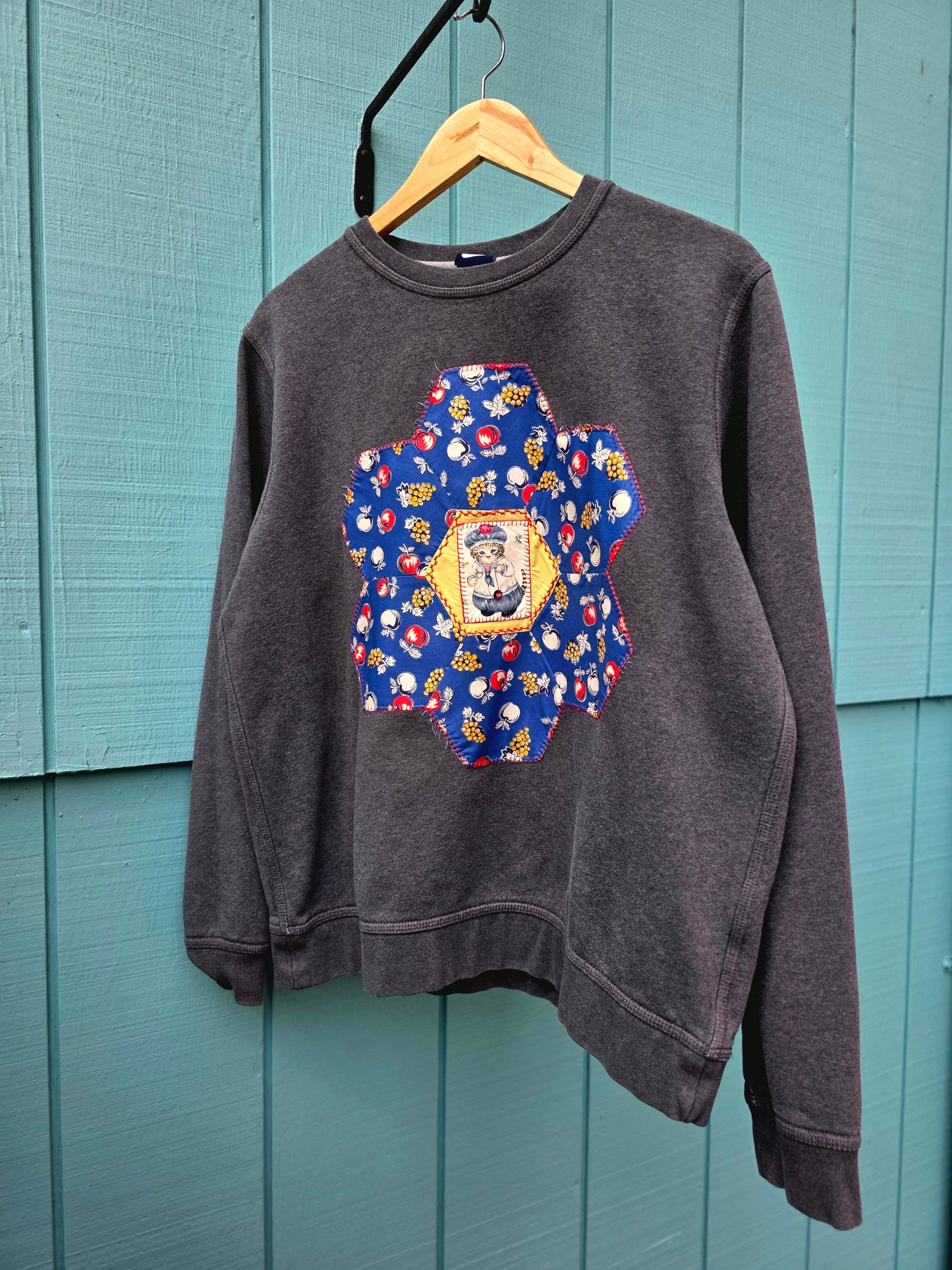 The Sodo Crewneck - Upcycled Gray Crewneck with 1930s Quilt Patch & Vintage Cat Patch