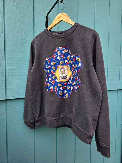The Sodo Crewneck - Upcycled Gray Crewneck with 1930s Quilt Patch & Vintage Cat Patch
