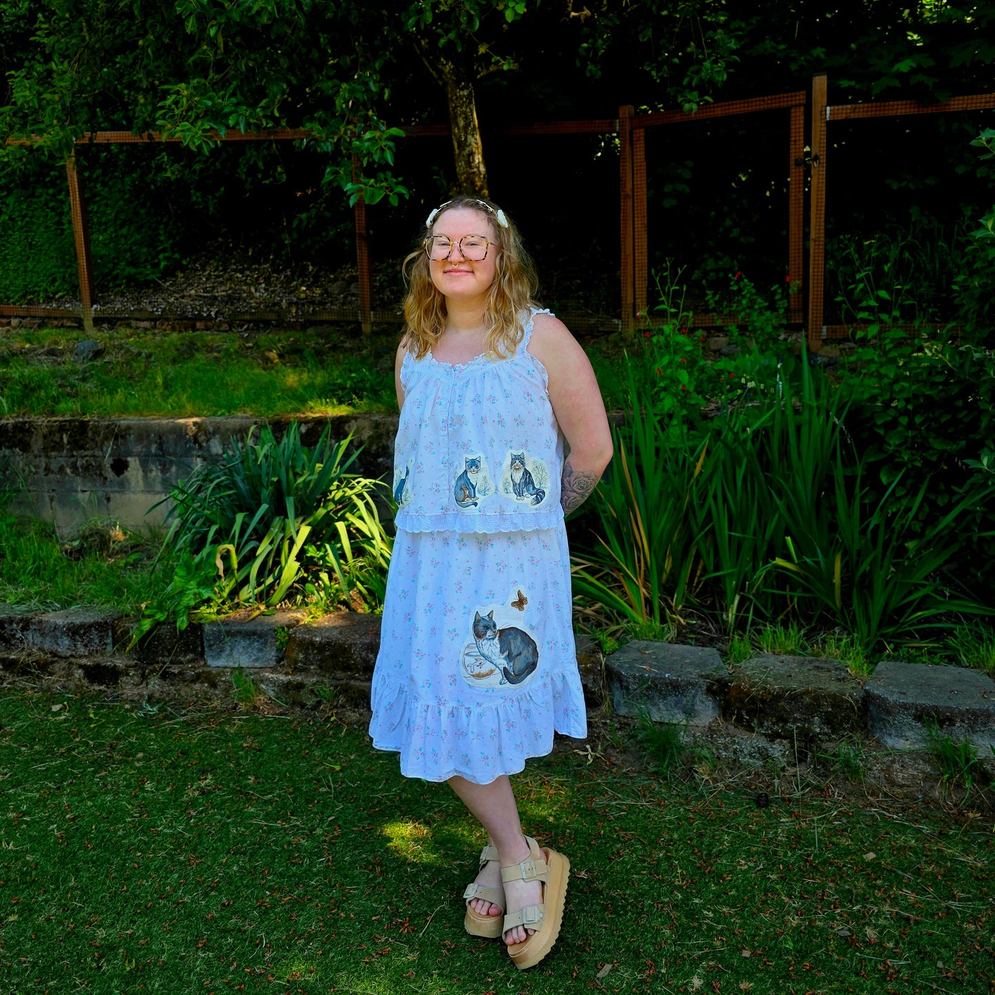 The Sofia Kitty Nightgown Top - Upcycled Nightgown into Top with Appliquéd Vintage Cat Fabric (Copy)