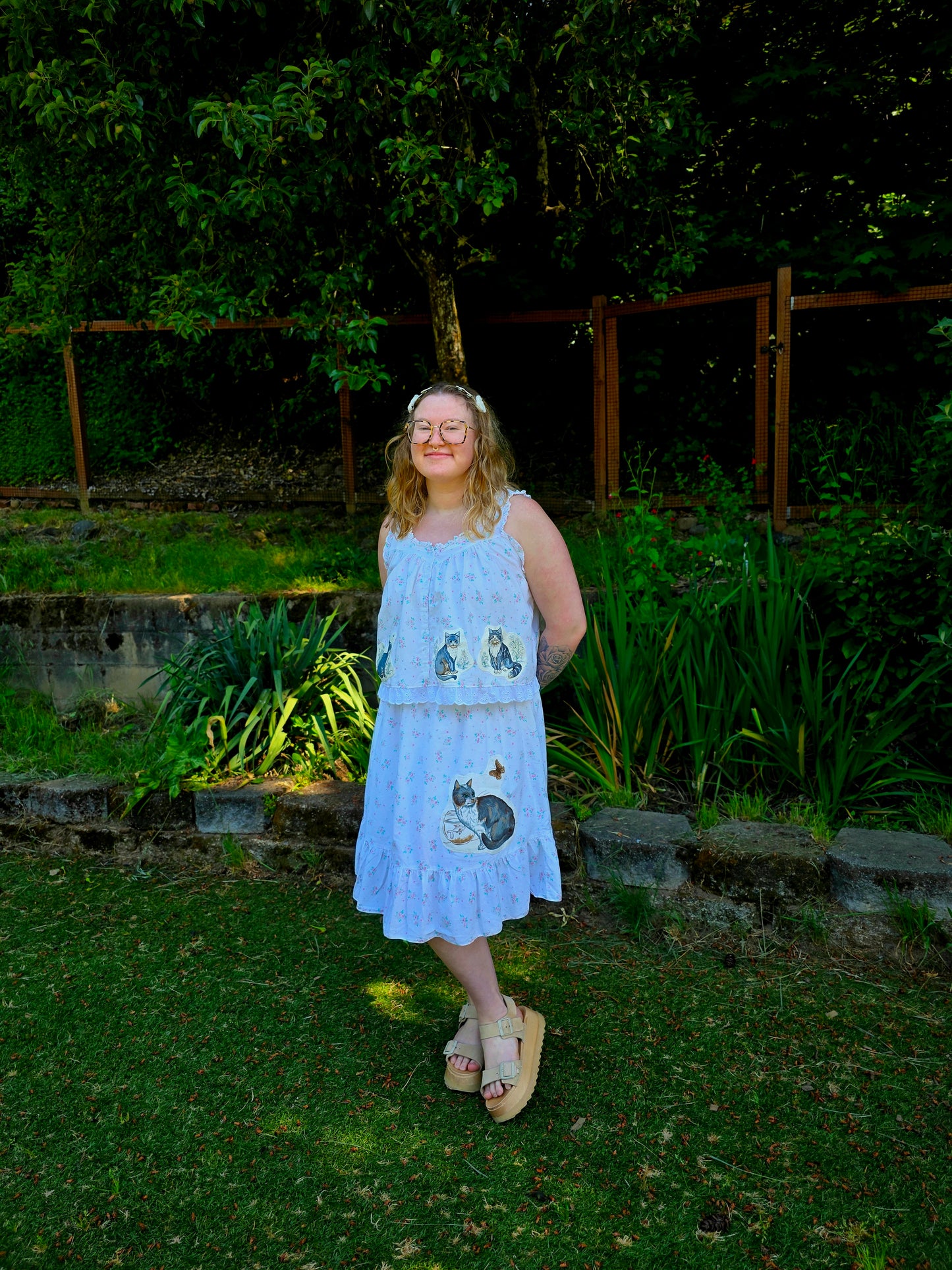 The Alice Cat Nightgown Skirt - Upcycled Nightgown into Skirt with Appliquéd Vintage Cat Fabric