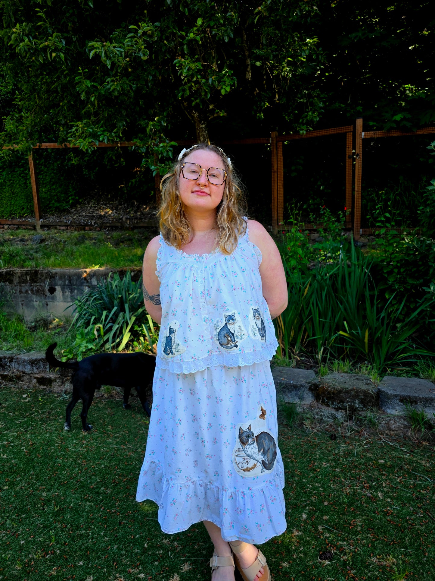 The Alice Cat Nightgown Skirt - Upcycled Nightgown into Skirt with Appliquéd Vintage Cat Fabric