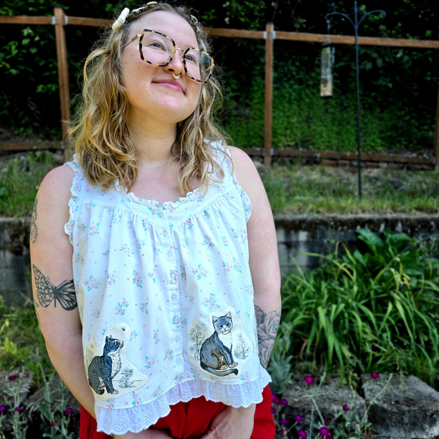 The Sofia Kitty Nightgown Top - Upcycled Nightgown into Top with Appliquéd Vintage Cat Fabric (Copy)