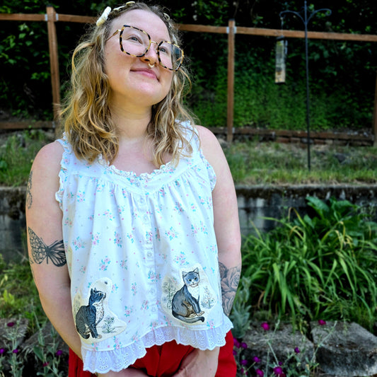 The Sofia Kitty Nightgown Top - Upcycled Nightgown into Top with Appliquéd Vintage Cat Fabric