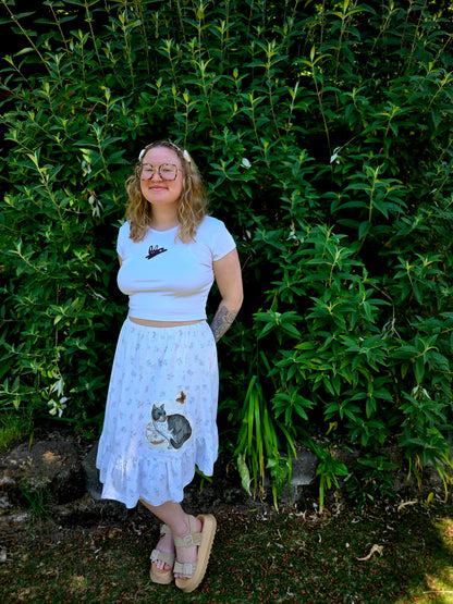 The Alice Cat Nightgown Skirt - Upcycled Nightgown into Skirt with Appliquéd Vintage Cat Fabric