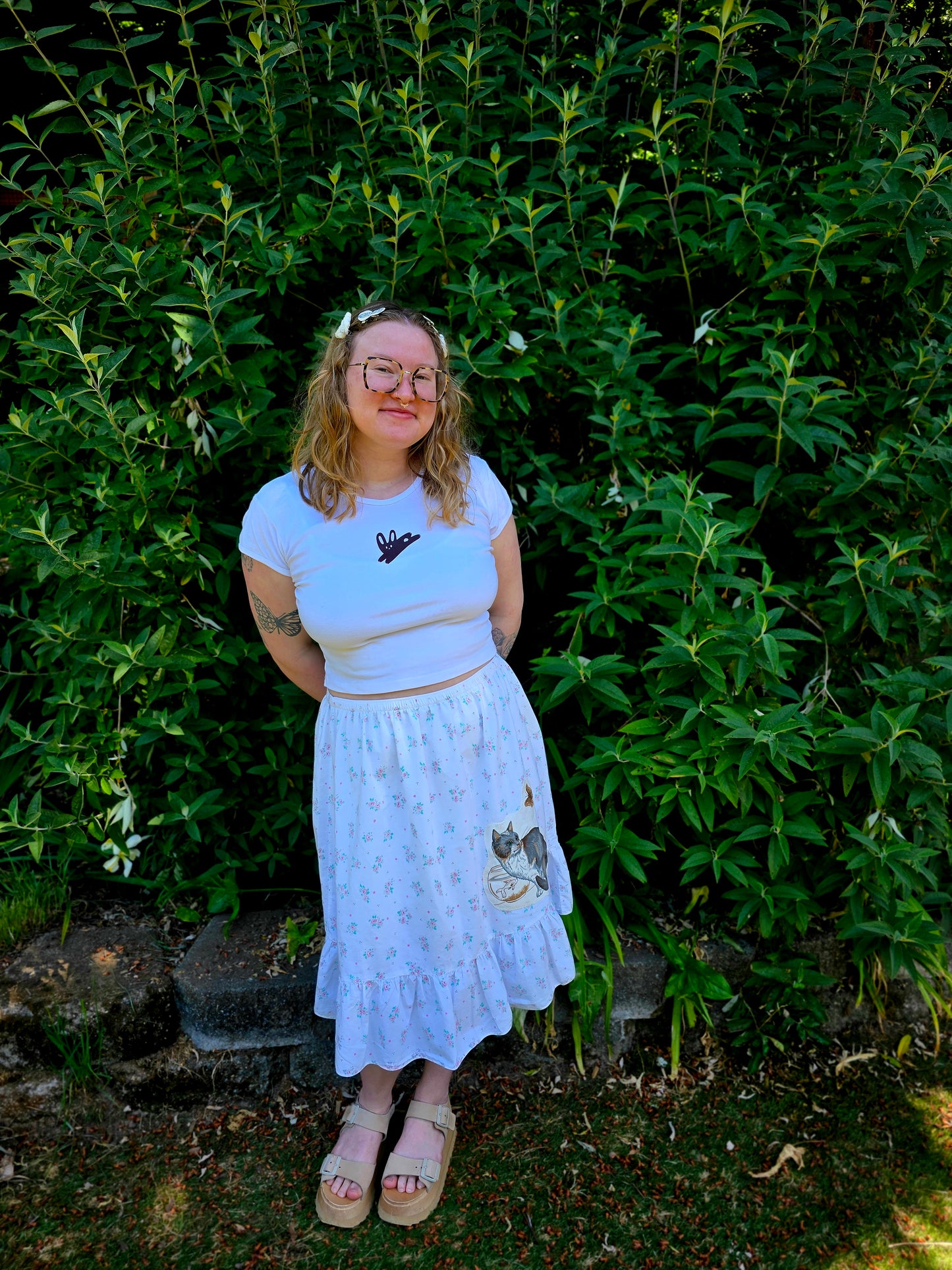 The Alice Cat Nightgown Skirt - Upcycled Nightgown into Skirt with Appliquéd Vintage Cat Fabric