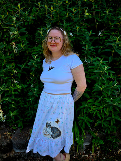 The Alice Cat Nightgown Skirt - Upcycled Nightgown into Skirt with Appliquéd Vintage Cat Fabric