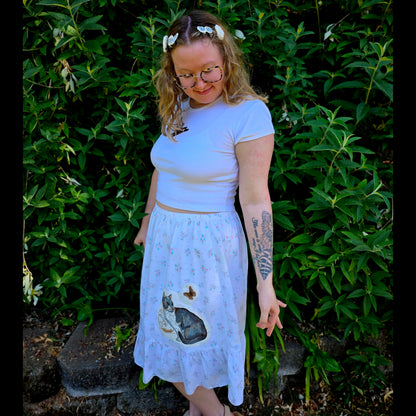 The Alice Cat Nightgown Skirt - Upcycled Nightgown into Skirt with Appliquéd Vintage Cat Fabric