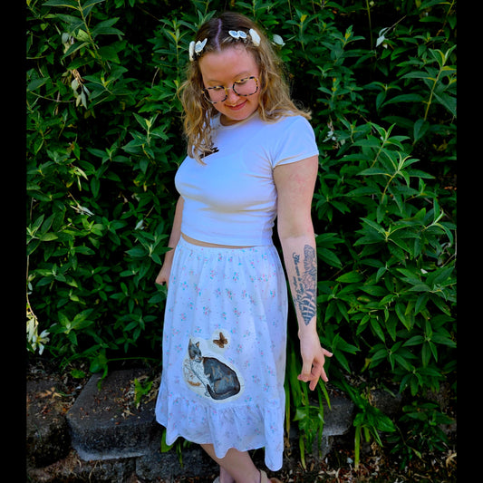 The Alice Cat Nightgown Skirt - Upcycled Nightgown into Skirt with Appliquéd Vintage Cat Fabric