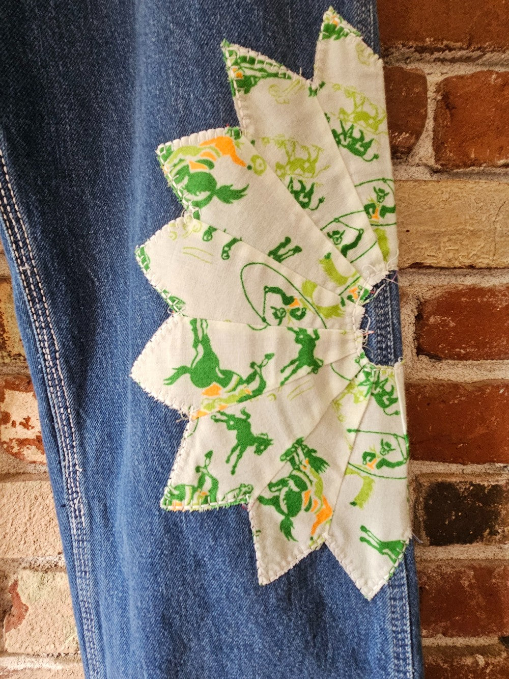 The "Mr. Cowboy" Jeans - Upcycled Key Carpenter Jeans with Green Cowboy Quilt Patches|17