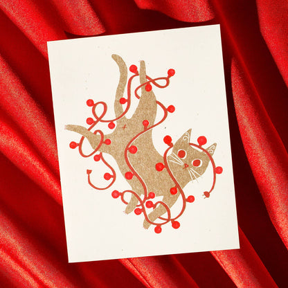 Tangled String Lights Cat - Risograph Card