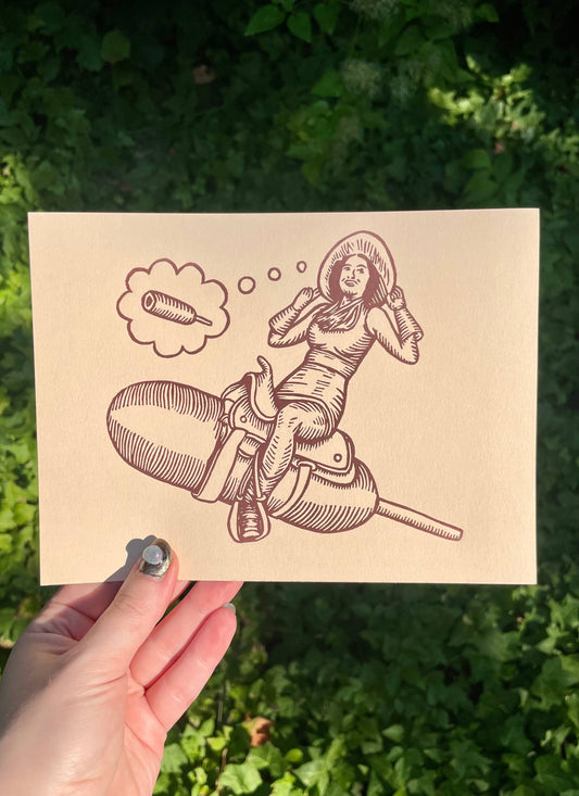 Corndog Cowgirl Linocut Print