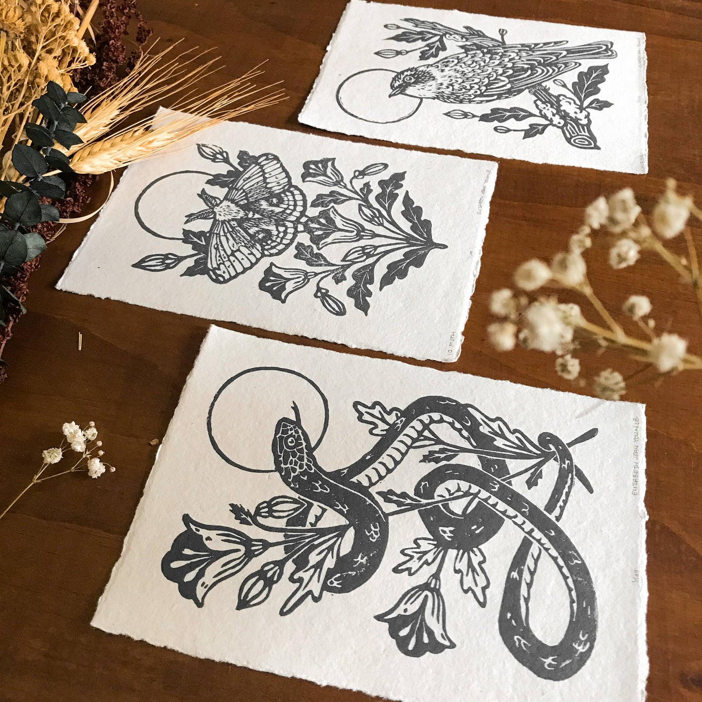 Warbler & Poppies Handprinted Linocut on Handmade Paper 5x7"