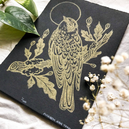 Warbler & Poppies Handprinted Linocut on Handmade Paper 5x7"