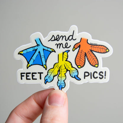 Sticker with different bird feet and text 'send me FEET PICS!' held by a hand against a gray background