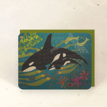 Orca and Baby Wood Greeting Card