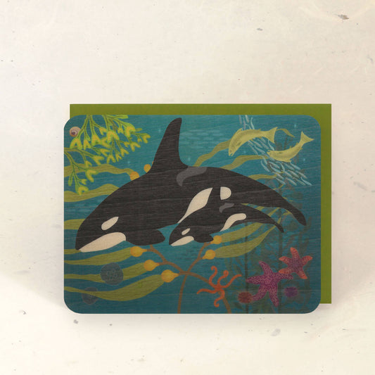 Card with orca whales and underwater plants on a textured surface