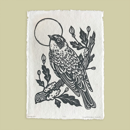 Warbler & Poppies Handprinted Linocut on Handmade Paper 5x7"