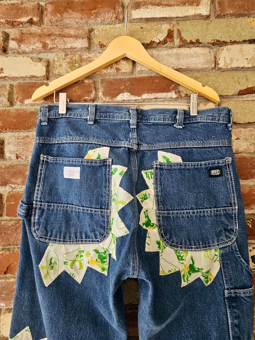 The "Mr. Cowboy" Jeans - Upcycled Key Carpenter Jeans with Green Cowboy Quilt Patches|19