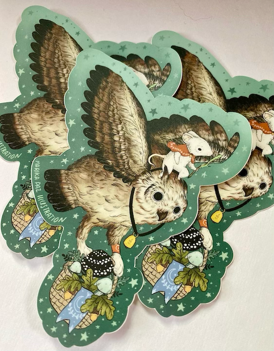 Set of owl-themed stickers with decorative elements on a light background