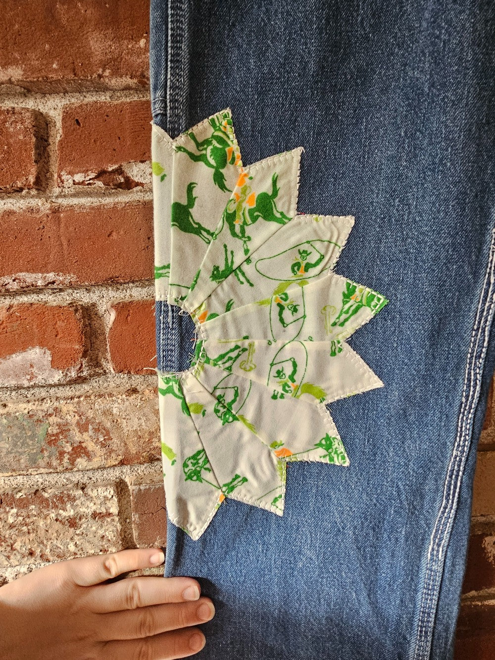 The "Mr. Cowboy" Jeans - Upcycled Key Carpenter Jeans with Green Cowboy Quilt Patches|16