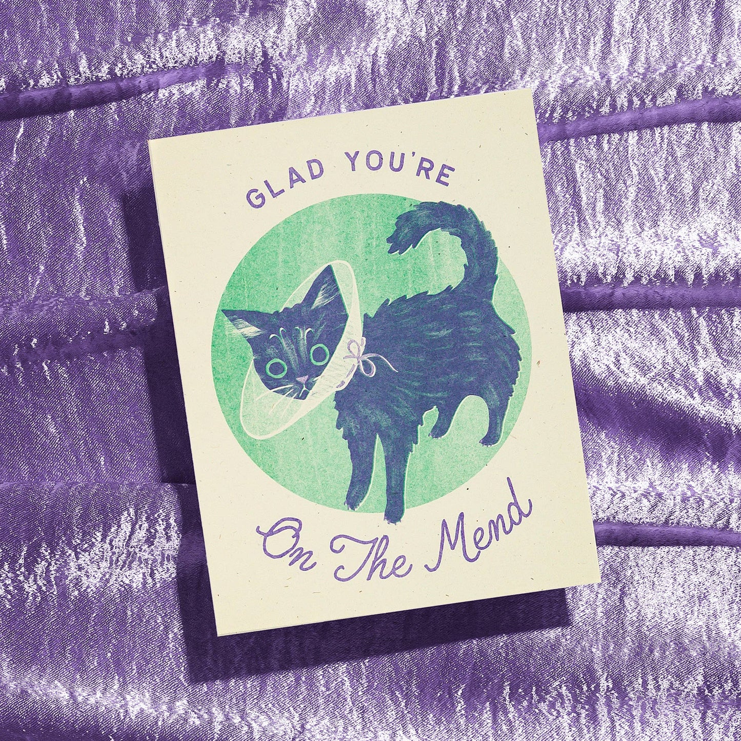 Glad You're On The Mend Cat - Risograph Get Well Card