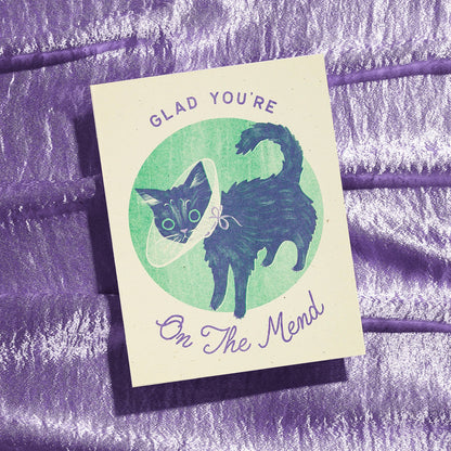 Glad You're On The Mend Cat - Risograph Get Well Card