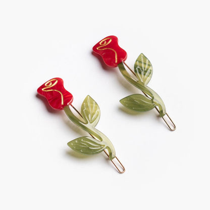 Rose Barrette Set - Red Flower Acetate Hair Clips