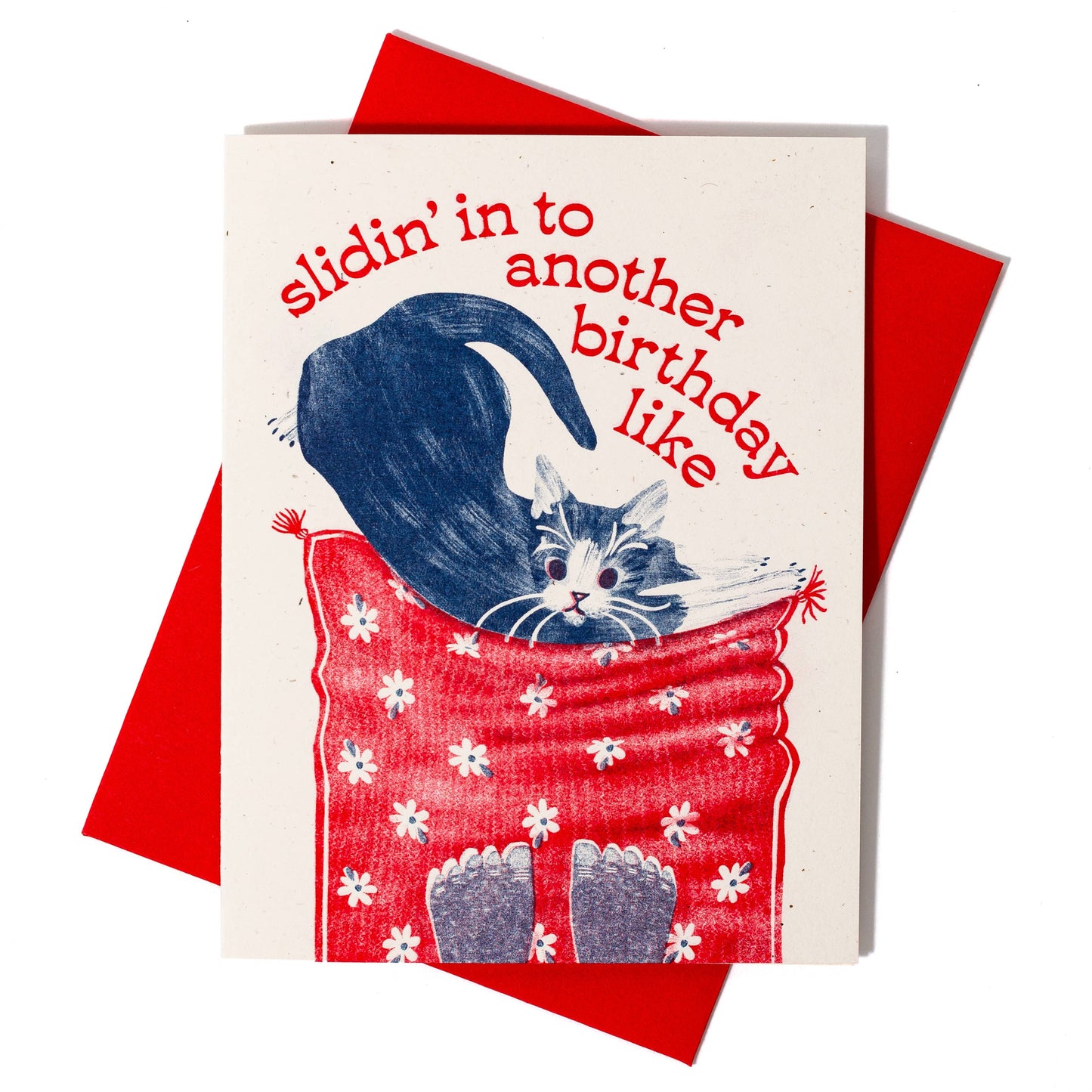 Slidin' In To Another Birthday Cat - Risograph Card