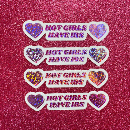 Glittery 'Hot Girls Have IBS' stickers on a pink glitter background
