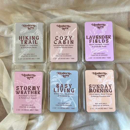 Set of six small rectangular soy wax melt packages with different scents on a beige fabric background