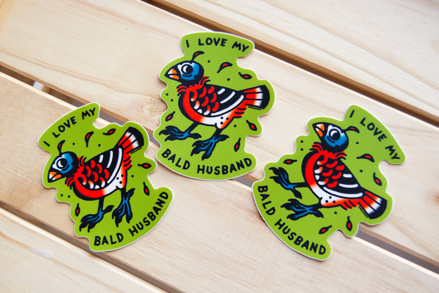 I Love My Bald Husband Cardinal  - 3" Vinyl Sticker