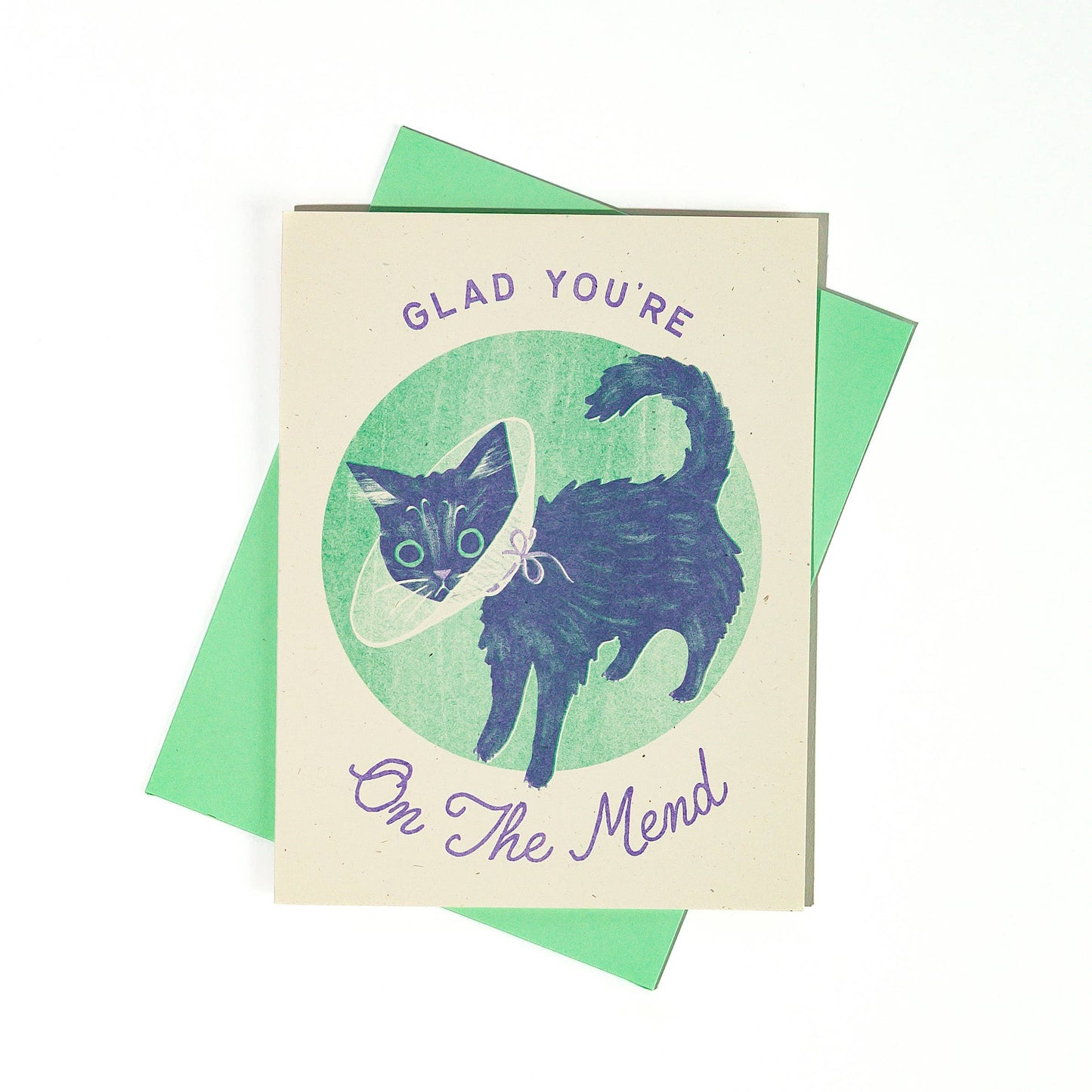 Glad You're On The Mend Cat - Risograph Get Well Card