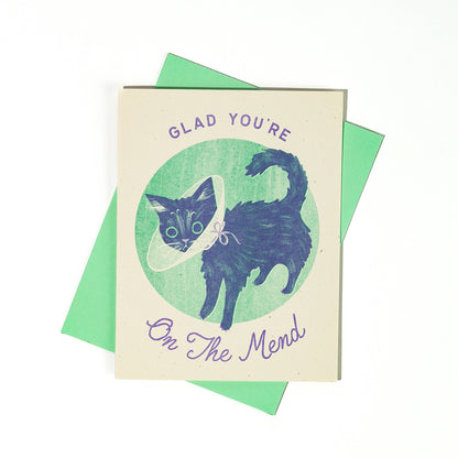 Glad You're On The Mend Cat - Risograph Get Well Card