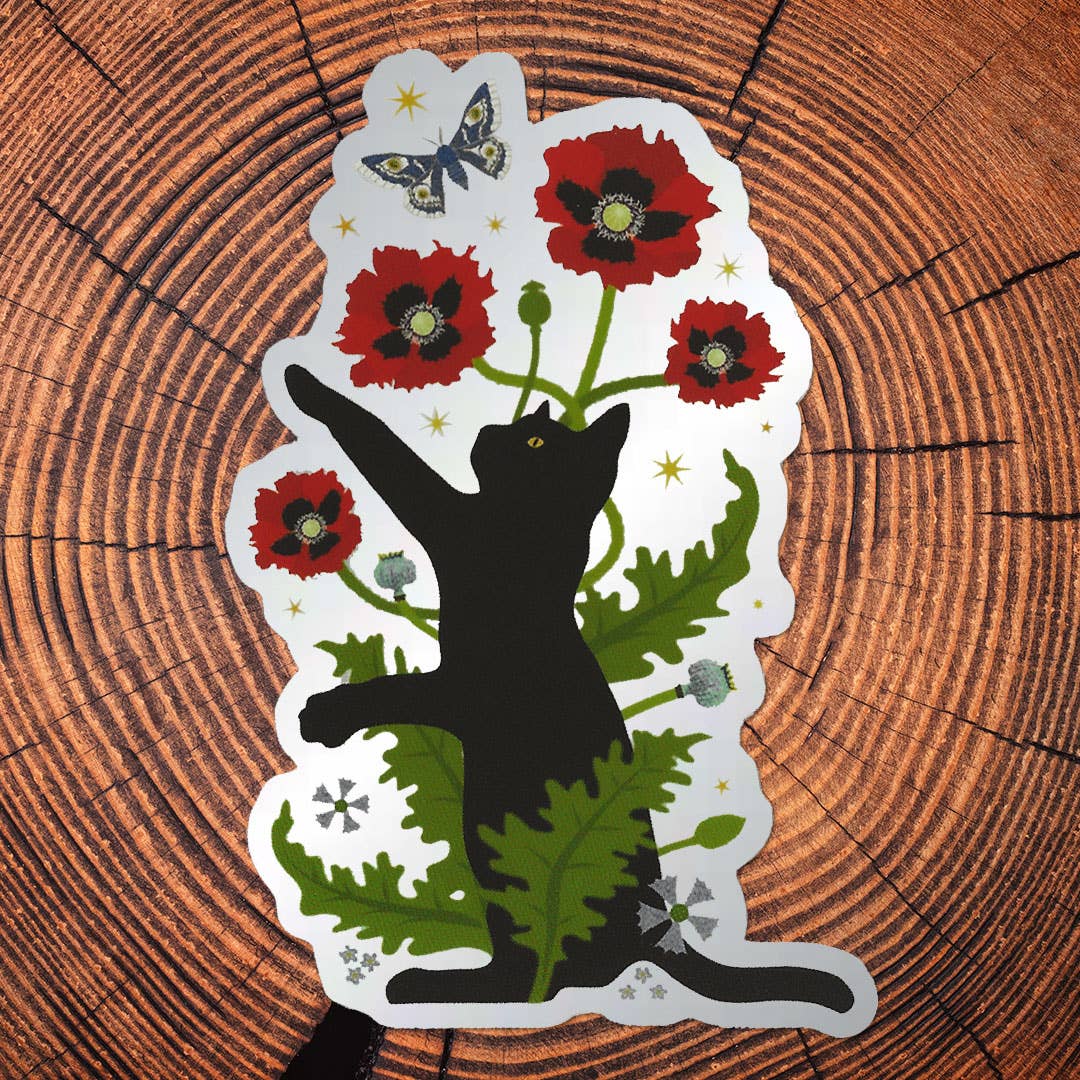 Black Cat & Poppies Matte Mirror Sticker