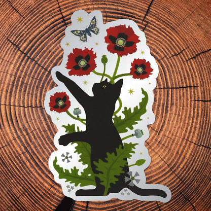 Black Cat & Poppies Matte Mirror Sticker