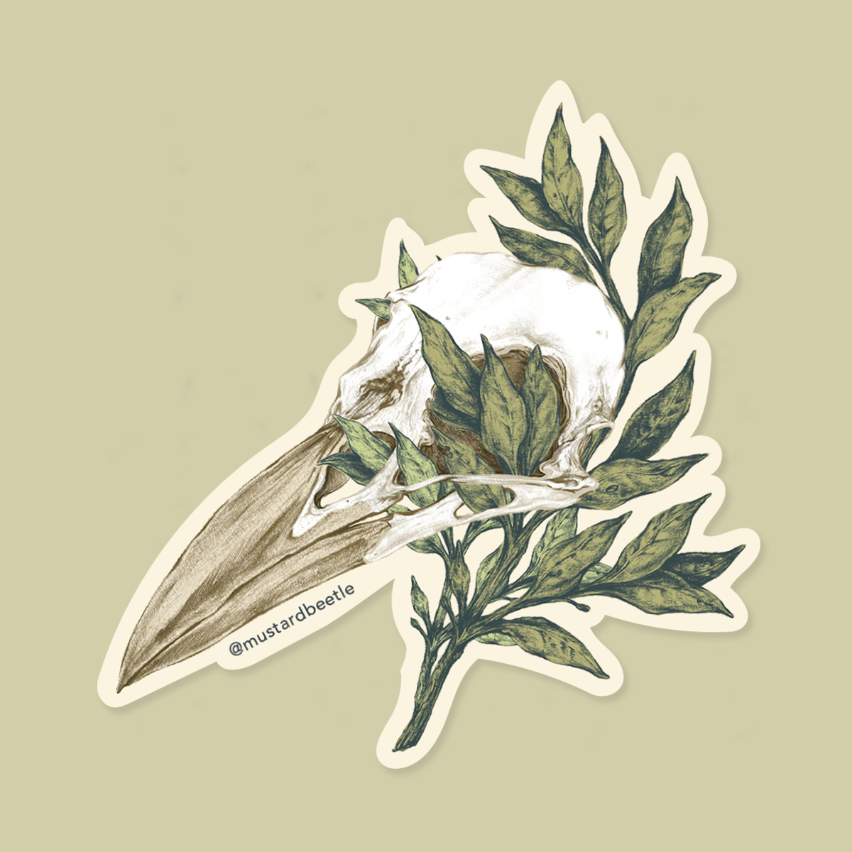 Sticker with a bird skull and green leaves on a beige background